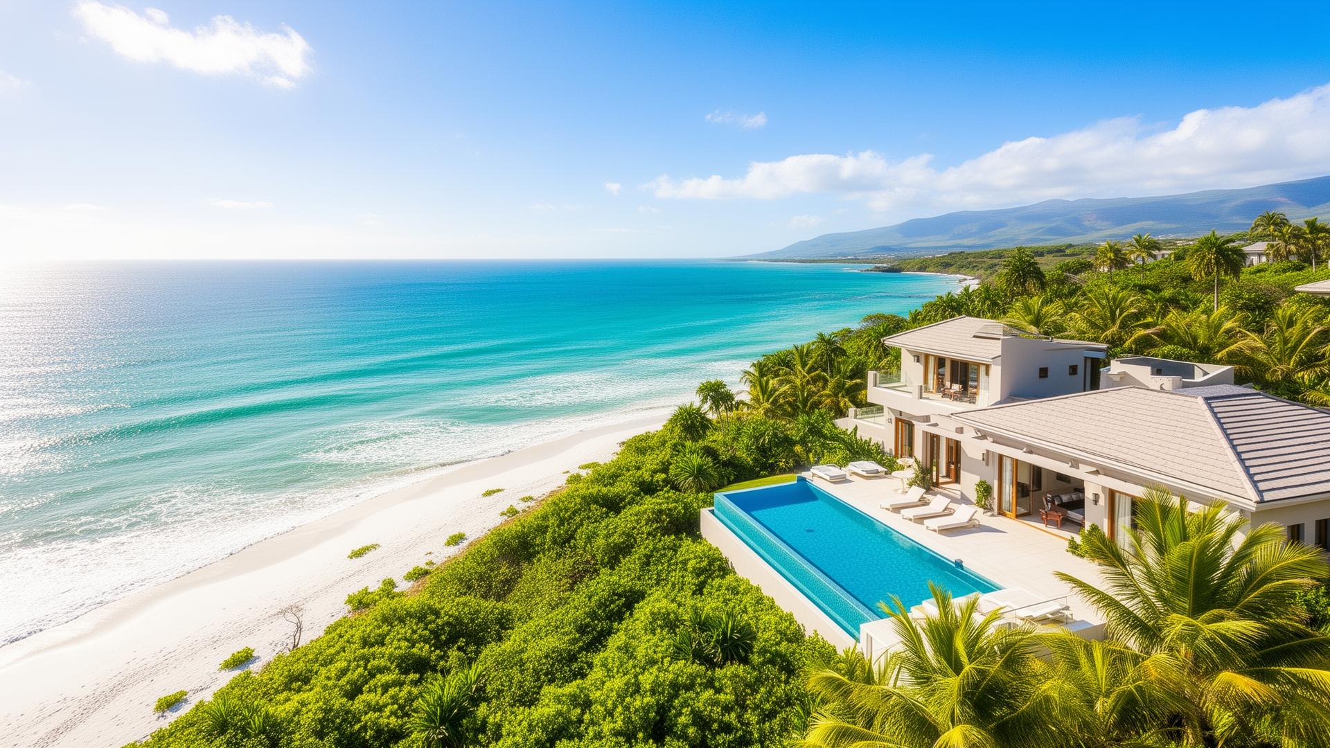 Aerial summer view of a luxury KwaZulu Natal coastal villa with infinity pool overlooking the turquoise Indian Ocean